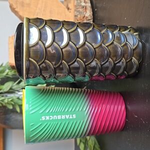 Starbucks Tumblers: Lot Of 2-Ceramic Gun Metal Siren Scale & Petunia Green